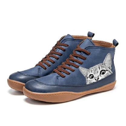 Estilosos Botines para Mujer Con-Cordones Estampado-Gato Con-Cremallera