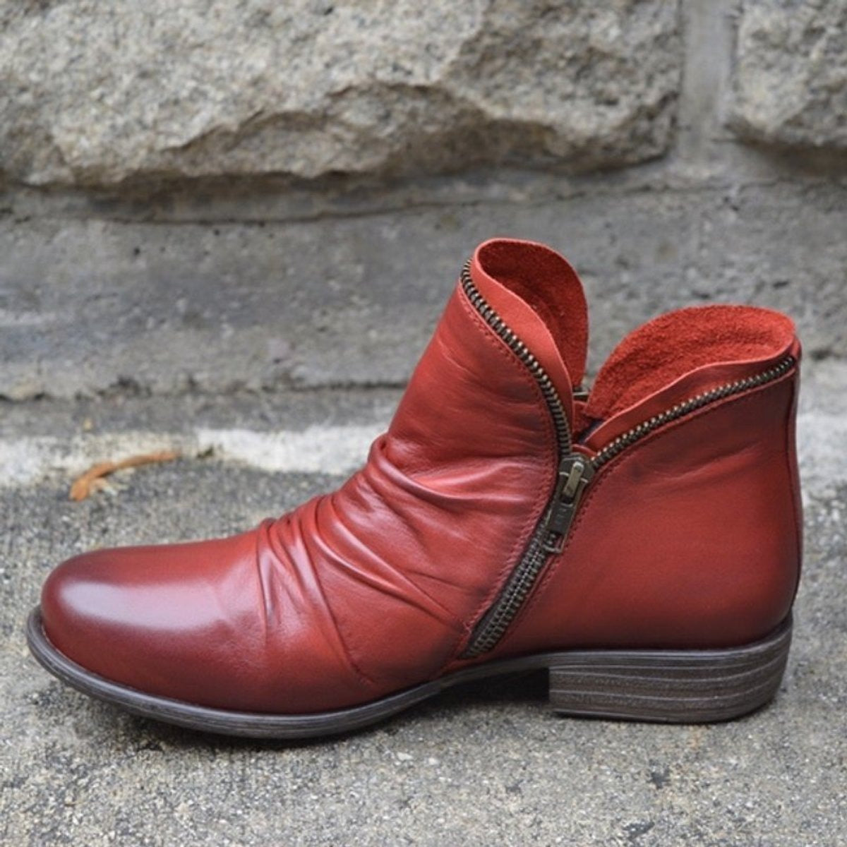 Estilosos Botines para Mujer Con-Cremallera Fruncidos Suela-de-Goma