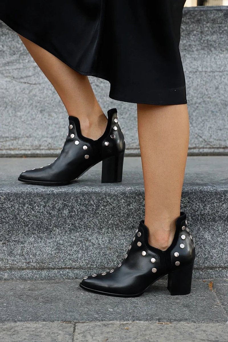 Estilosos Botines para Mujer Con-Tachuelas Punta-Fina Tacón-Ancho