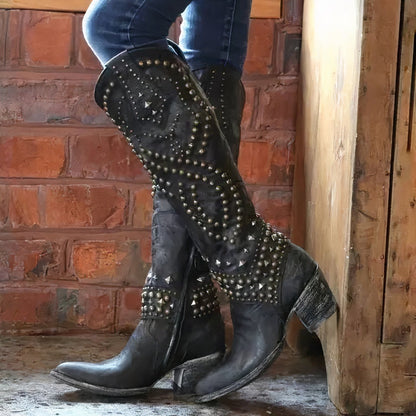 Estilosos Botines para Mujer Estilo-Western Con-Tachuelas Tacón-Alto