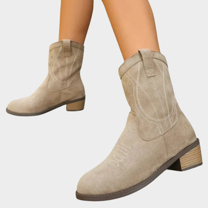 Estilosos Botines para Mujer Estilo-Western Tacón-Ancho Pespuntes-Decorativos
