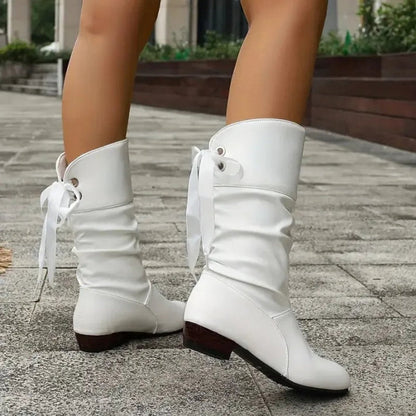 Estilosos Botines para Mujer Tacón-Ancho Con-Cordones Caña-Fruncida