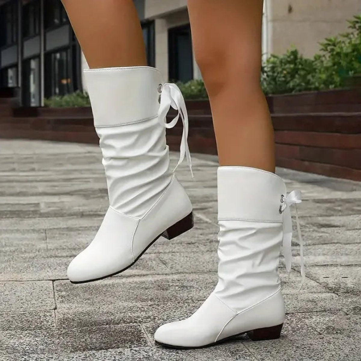 Estilosos Botines para Mujer Tacón-Ancho Con-Cordones Caña-Fruncida