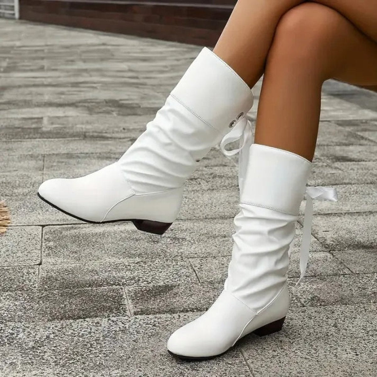 Estilosos Botines para Mujer Tacón-Ancho Con-Cordones Caña-Fruncida