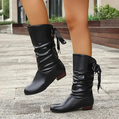 Estilosos Botines para Mujer Tacón-Ancho Con-Cordones Caña-Fruncida