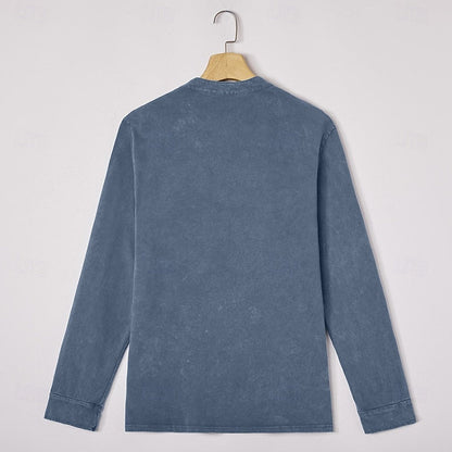 Estilosa Camiseta Henley para Hombre Manga-Larga Con-Bolsillo Lavado-Vintage