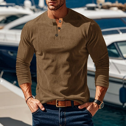 Cómoda Camiseta Henley para Hombre Manga-Larga Punto-Canalé Con-Botones