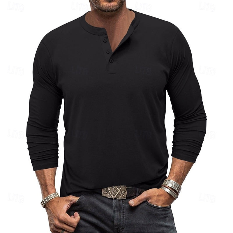Clásica Camiseta Henley para Hombre Manga-Larga Cuello-con-Botones Corte-Regular