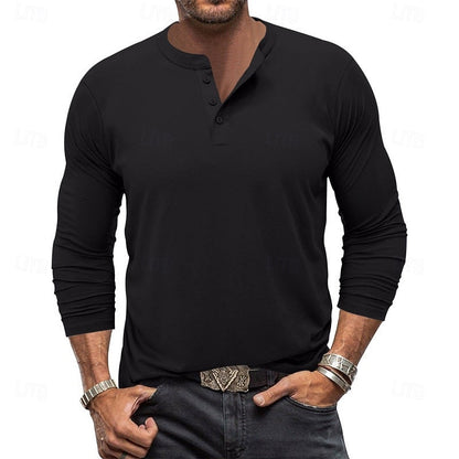 Clásica Camiseta Henley para Hombre Manga-Larga Cuello-con-Botones Corte-Regular