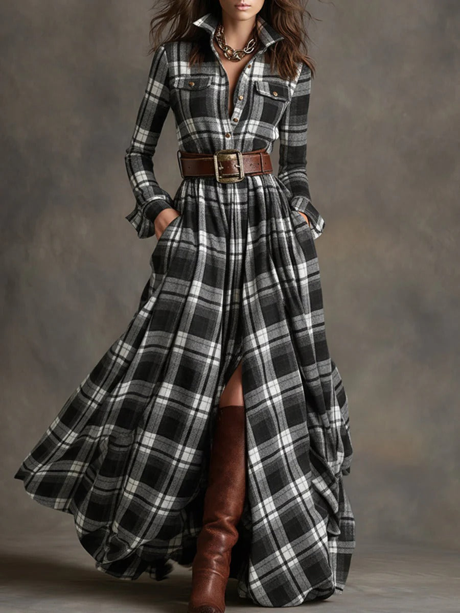 Celyne - Plaid Flared Maxi Dress