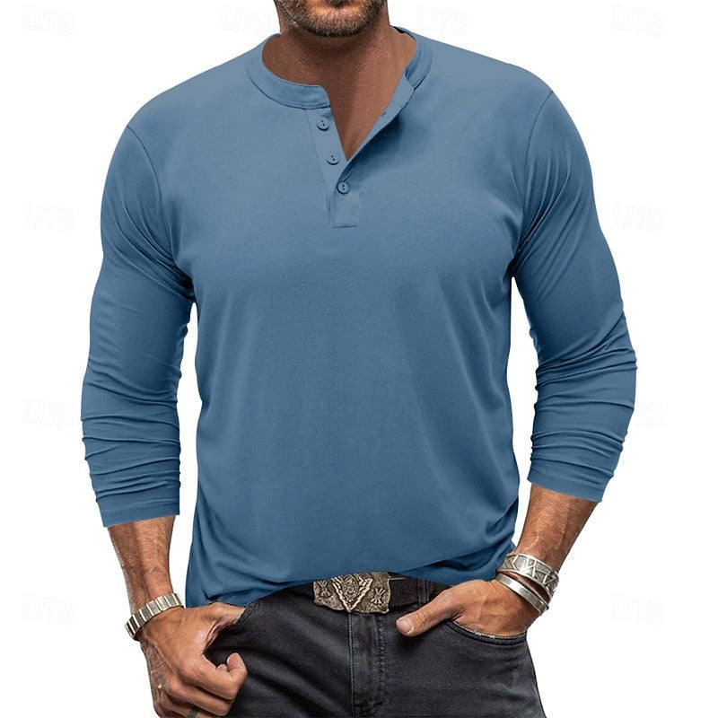 Clásica Camiseta Henley para Hombre Manga-Larga Cuello-con-Botones Corte-Regular
