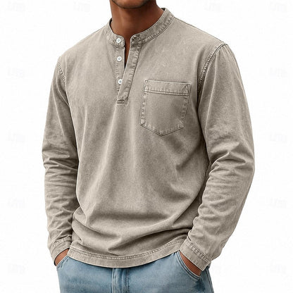 Estilosa Camiseta Henley para Hombre Manga-Larga Con-Bolsillo Lavado-Vintage