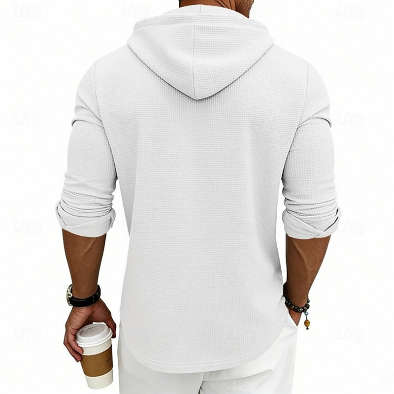 Cómoda Sudadera con Capucha para Hombre Punto-Gofre Con-Cordón Con-Botones