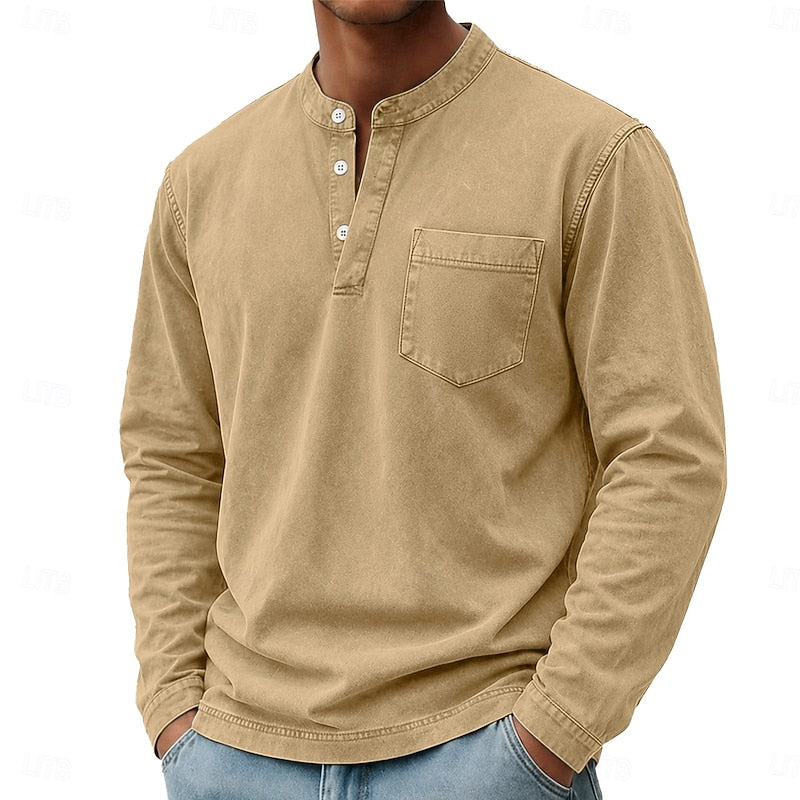 Estilosa Camiseta Henley para Hombre Manga-Larga Con-Bolsillo Lavado-Vintage