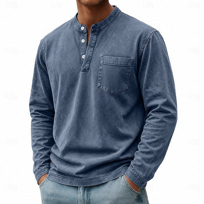 Estilosa Camiseta Henley para Hombre Manga-Larga Con-Bolsillo Lavado-Vintage
