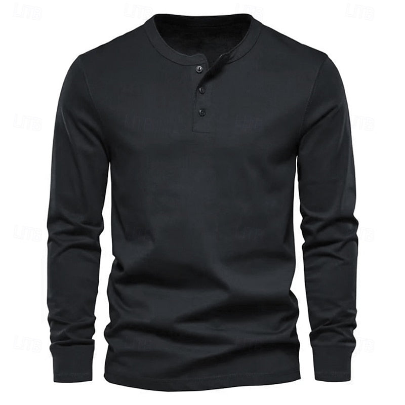 Clásica Camiseta Henley para Hombre Manga-Larga Cuello-con-Botones Corte-Regular