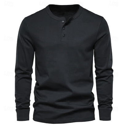 Clásica Camiseta Henley para Hombre Manga-Larga Cuello-con-Botones Corte-Regular