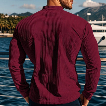 Cómoda Camiseta Henley para Hombre Manga-Larga Punto-Canalé Con-Botones