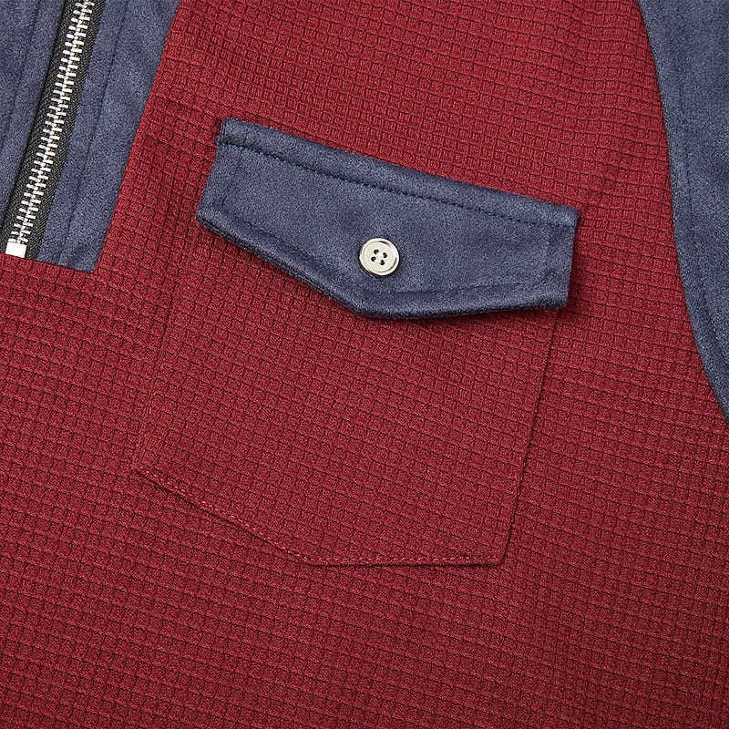 Estiloso Jersey para Hombre Media-Cremallera Bloques-de-Color Con-Coderas