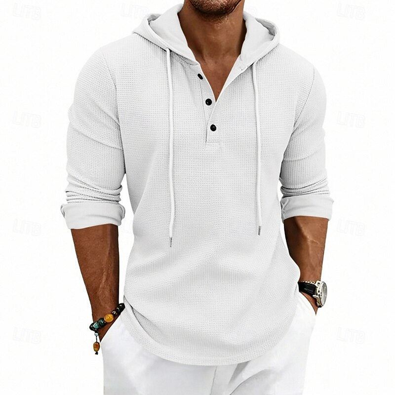 Cómoda Sudadera con Capucha para Hombre Punto-Gofre Con-Cordón Con-Botones