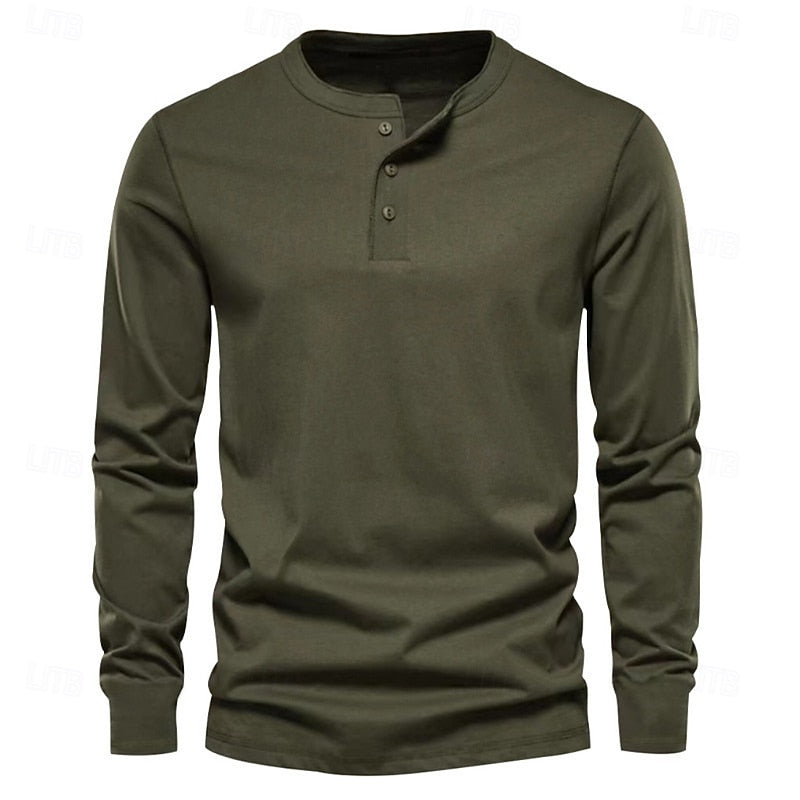 Clásica Camiseta Henley para Hombre Manga-Larga Cuello-con-Botones Corte-Regular