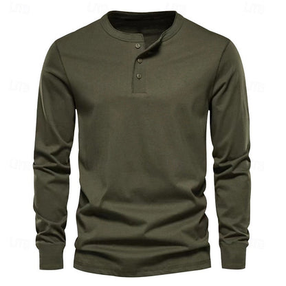 Clásica Camiseta Henley para Hombre Manga-Larga Cuello-con-Botones Corte-Regular