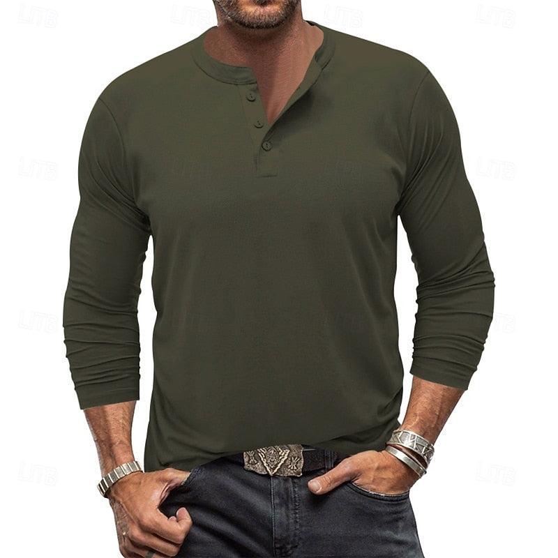 Clásica Camiseta Henley para Hombre Manga-Larga Cuello-con-Botones Corte-Regular