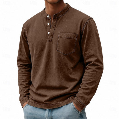 Estilosa Camiseta Henley para Hombre Manga-Larga Con-Bolsillo Lavado-Vintage
