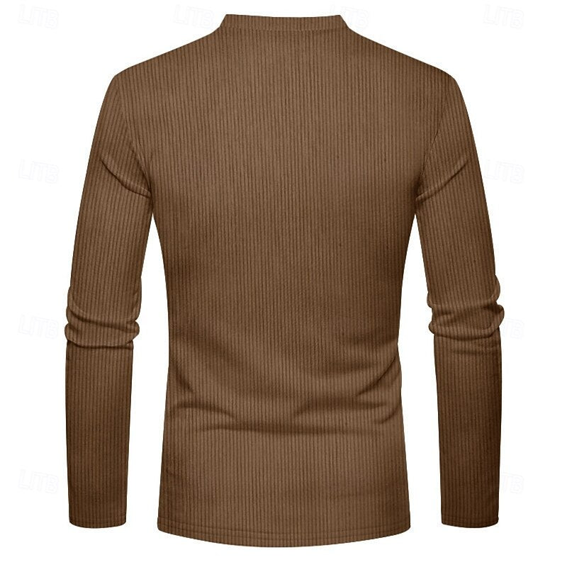 Cómoda Camiseta Henley para Hombre Manga-Larga Punto-Canalé Con-Botones