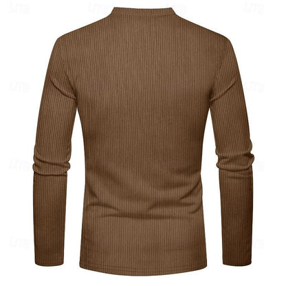 Cómoda Camiseta Henley para Hombre Manga-Larga Punto-Canalé Con-Botones