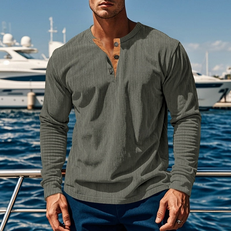 Cómoda Camiseta Henley para Hombre Manga-Larga Punto-Canalé Con-Botones