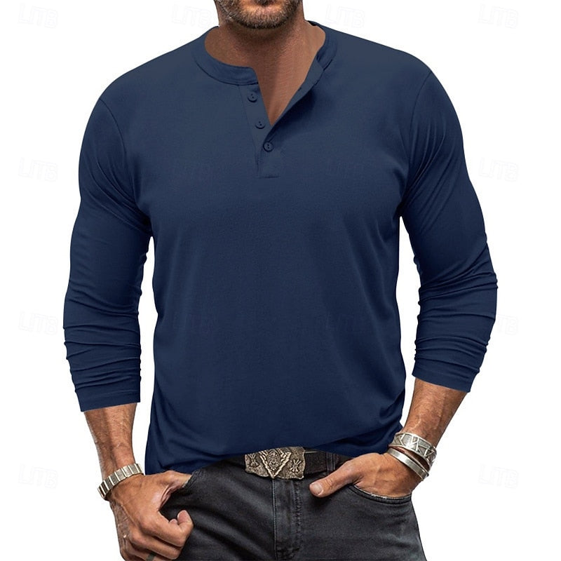 Clásica Camiseta Henley para Hombre Manga-Larga Cuello-con-Botones Corte-Regular