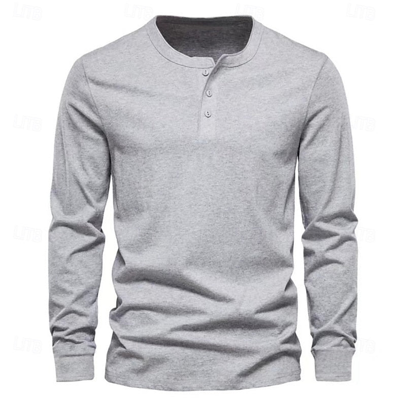 Clásica Camiseta Henley para Hombre Manga-Larga Cuello-con-Botones Corte-Regular