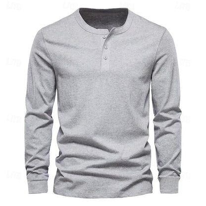 Clásica Camiseta Henley para Hombre Manga-Larga Cuello-con-Botones Corte-Regular
