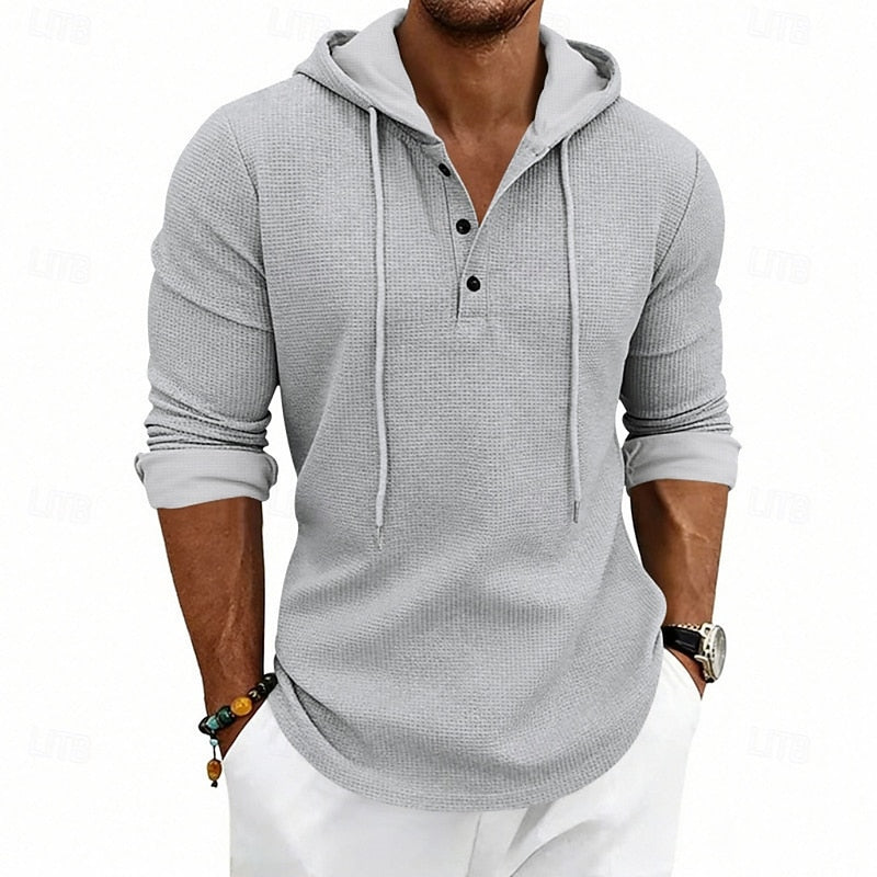 Cómoda Sudadera con Capucha para Hombre Punto-Gofre Con-Cordón Con-Botones