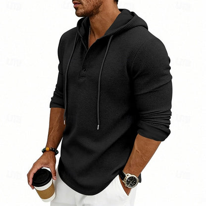 Cómoda Sudadera con Capucha para Hombre Punto-Gofre Con-Cordón Con-Botones