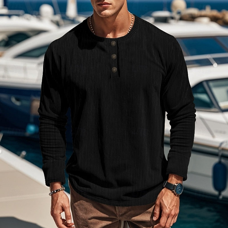 Cómoda Camiseta Henley para Hombre Manga-Larga Punto-Canalé Con-Botones