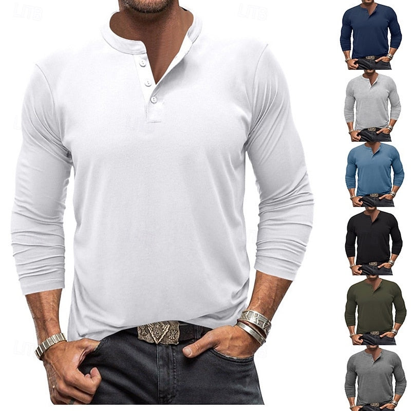 Clásica Camiseta Henley para Hombre Manga-Larga Cuello-con-Botones Corte-Regular