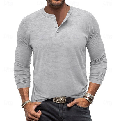 Clásica Camiseta Henley para Hombre Manga-Larga Cuello-con-Botones Corte-Regular