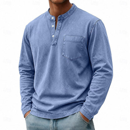 Estilosa Camiseta Henley para Hombre Manga-Larga Con-Bolsillo Lavado-Vintage