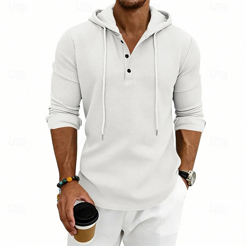 Cómoda Sudadera con Capucha para Hombre Punto-Gofre Con-Cordón Con-Botones