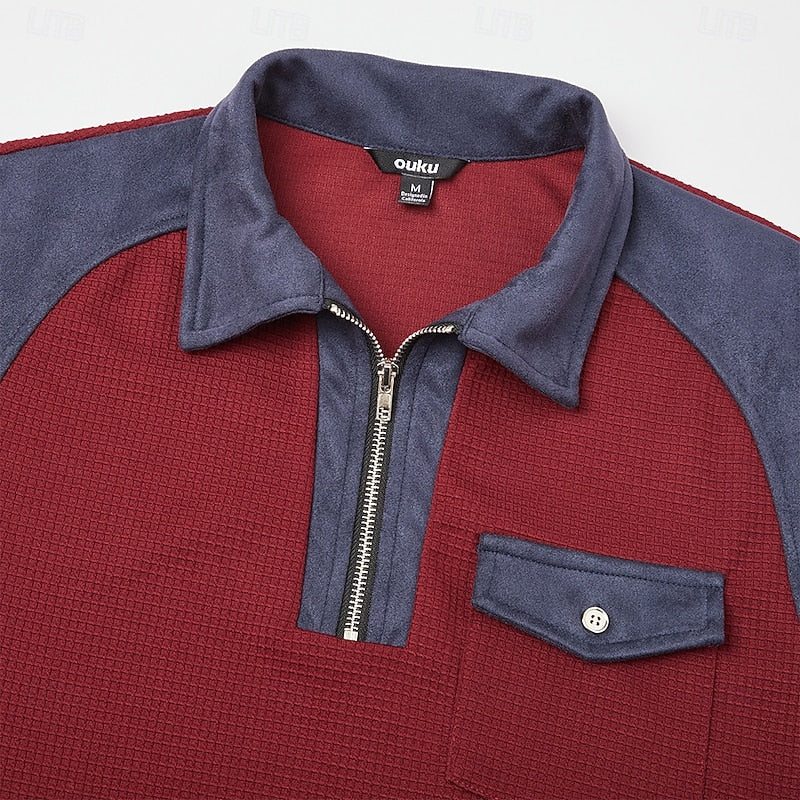 Estiloso Jersey para Hombre Media-Cremallera Bloques-de-Color Con-Coderas