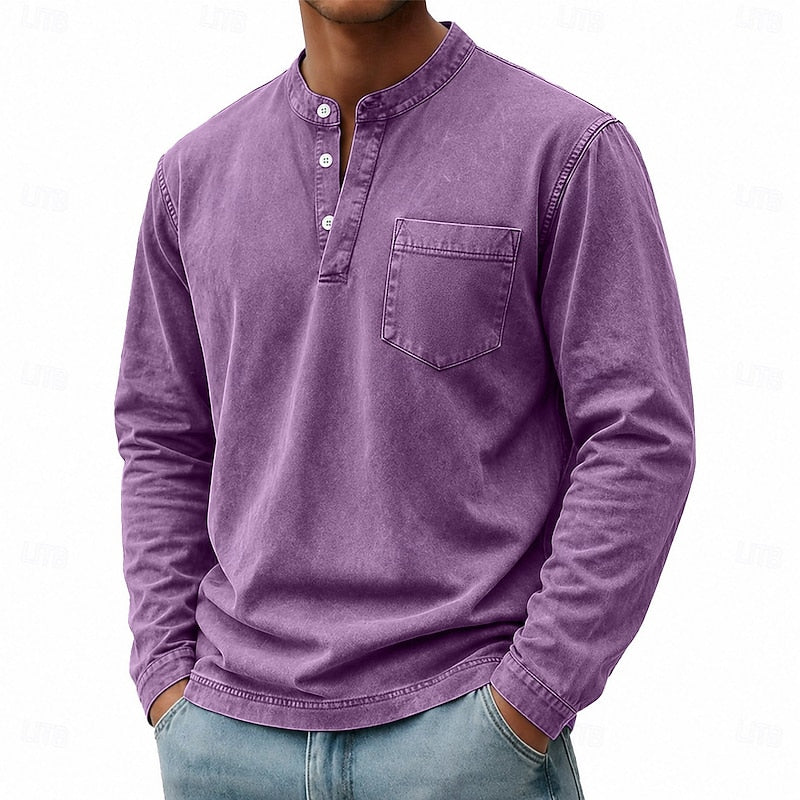 Estilosa Camiseta Henley para Hombre Manga-Larga Con-Bolsillo Lavado-Vintage