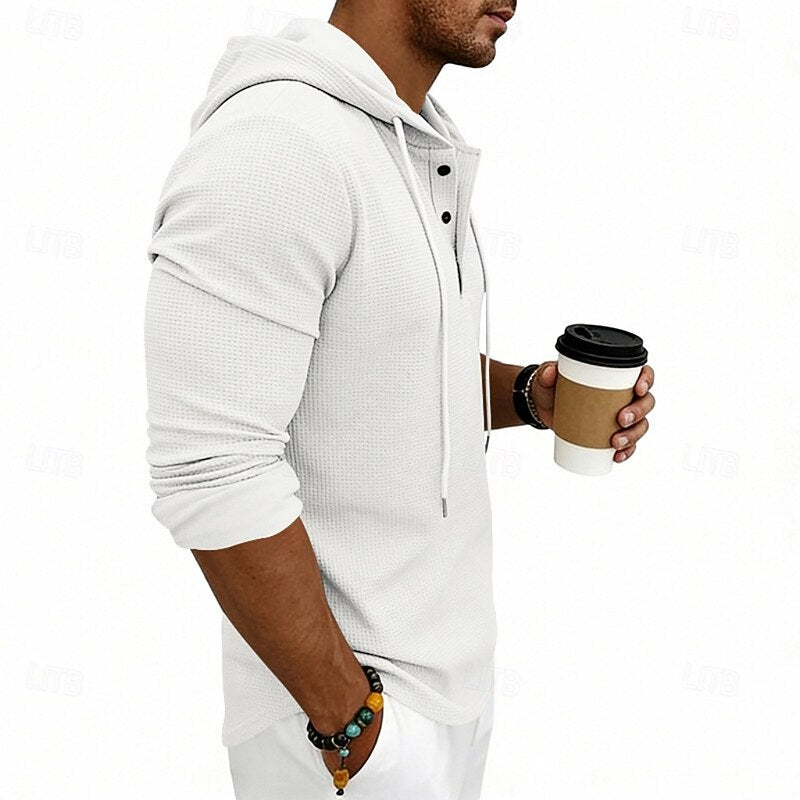 Cómoda Sudadera con Capucha para Hombre Punto-Gofre Con-Cordón Con-Botones