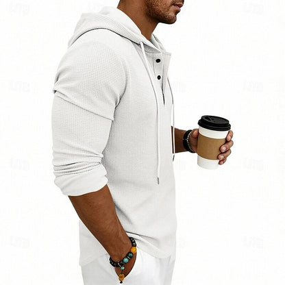 Cómoda Sudadera con Capucha para Hombre Punto-Gofre Con-Cordón Con-Botones